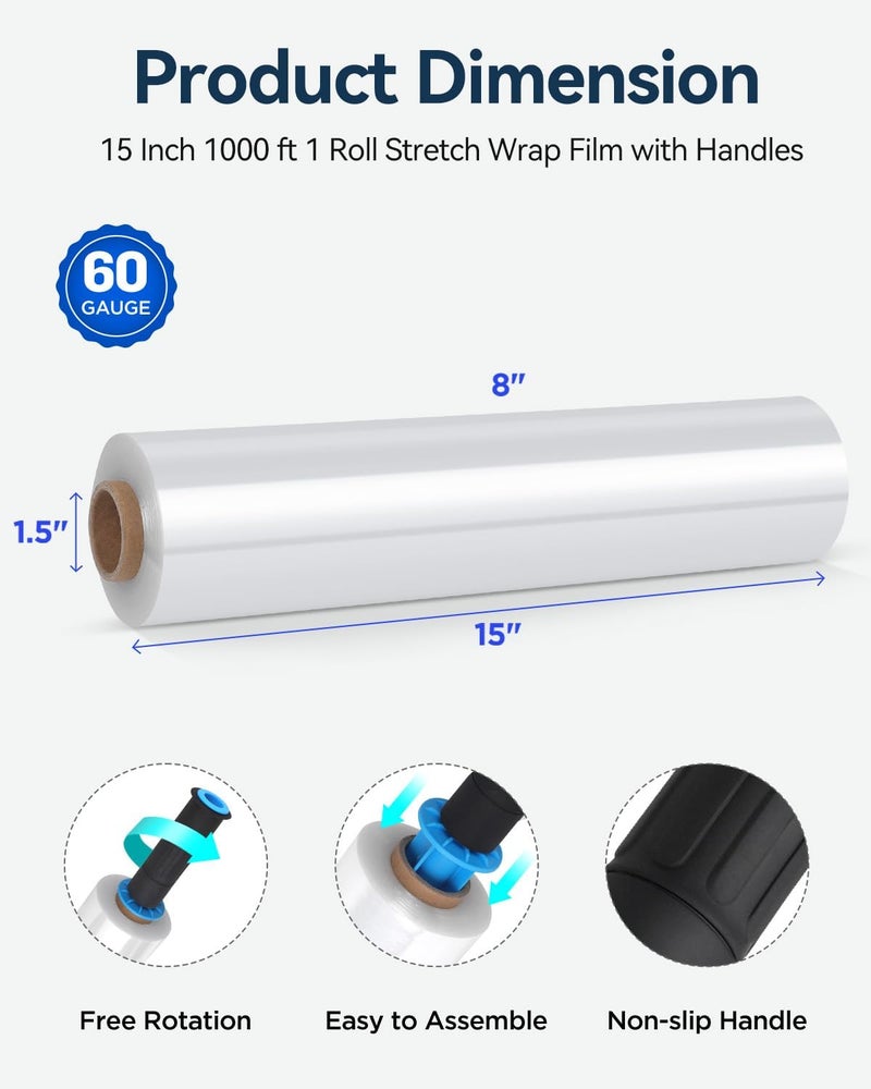 FugaCity Stretch Wrap Film- 15 Inch 1000 ft Shrink Wrap for Pallet Wrapping, Industrial Strength 1 Roll Pallet Wrap, Moving Supplies Plastic Wrap Roll, 80 Gauge, 500% Stretch, Transparent - Image 2